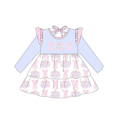 6.30 no moq GLD1169 PRE-ORDER baby girl clothes pumpkin bow blue long sleeve dress