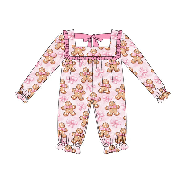 5.19 LR2230 Baby Girls Long Ruffle Sleeves Pink Bows Gingerbread Pant Rompers Preorder