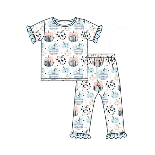 5.22 GSPO2027 Baby Girls Blue Short Sleeves Bows Pumpkins Top Pant Pajamas Set Preorder