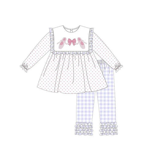 6.7 GLP2408 Baby Girls Long Sleeves Pink Bow Shoes Polka Dots Tunic Plaid Ruffle Pant Set Preorder
