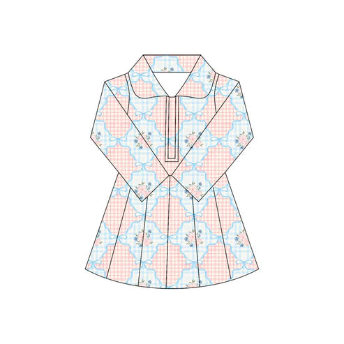 6.5 GLD1101 Baby Girls Long Sleeves Pink Flowers Plaid Zipper Knee Length Dresses Preorder