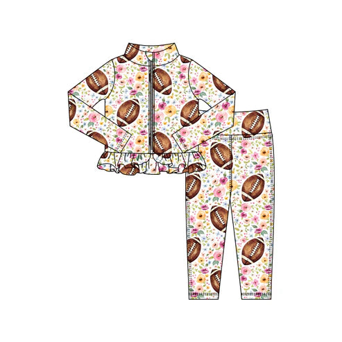 10.27 GLP3001 Baby Girls Flowers Footballs Zipper Jackets Ruffle Top Leggings Yoga Clothes Sets Preorder