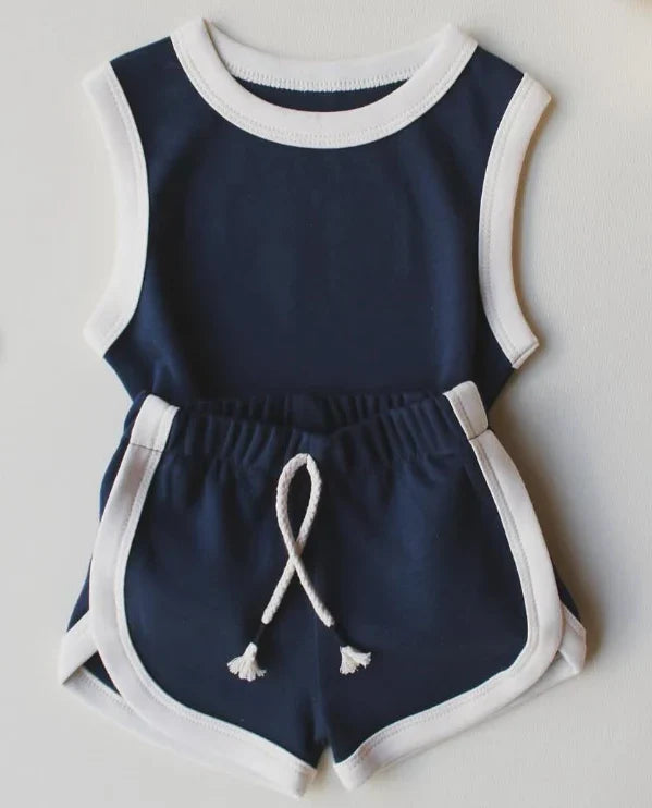 6.18 GSSO2629 Baby Girls Navy Sleeveless Vests Top Sport Shorts Cotton Set Preorder