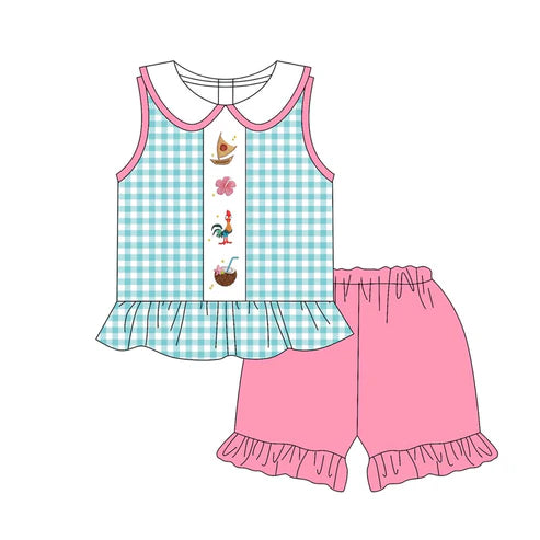 4.11 GSSO2511 Baby Girls Blue Plaid Floral Boat Tunic Ruffle Short Set Preorder