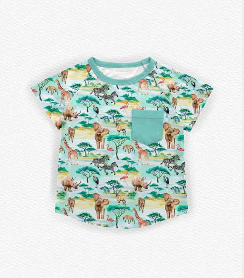 10.30 BT1479 Baby Boys Forest Animals Pockets Short Sleeve T-shirts Top Preorder