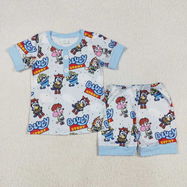 L-3.6 BSSO1240 Baby Boys Blue Shirts Cartoon Dogs Shorts Pajamas Clothes Set