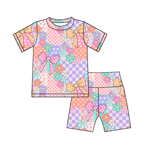 4.11 GSSO2509 Baby Girls Pink Flowers Plaid Top Short Biking Set Preorder
