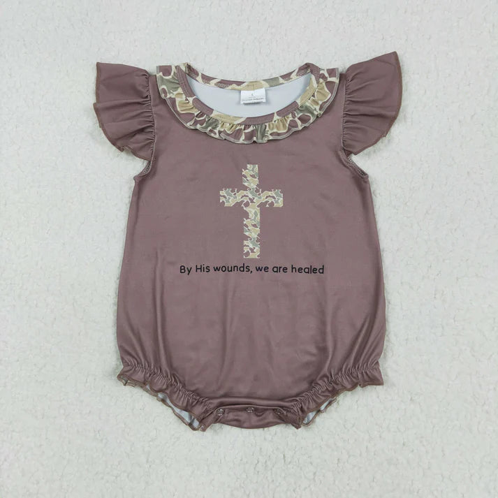 L-3.8 SR2310 Baby Infant Girls Easter Camo Cross Flutter Sleeve Romper