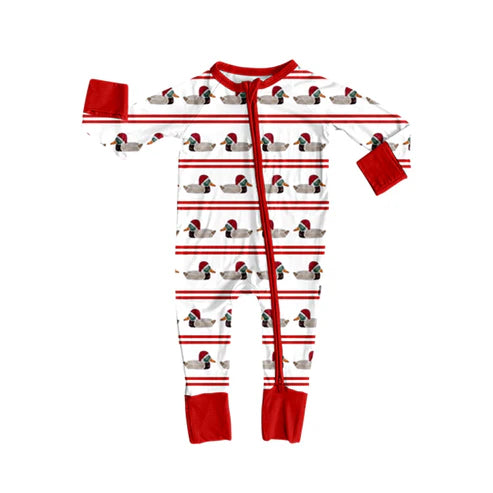 9.19 LR2672 Baby Boys Red Stripe Hats Ducks Christmas Zipper Footie Rompers Preorder