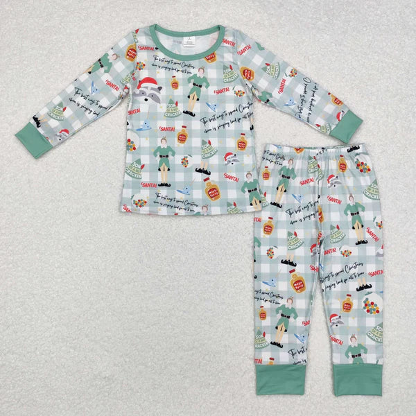 BLP0804 Baby Kids Christmas Shelf Checkered Top Pants Pajamas Outfits Set