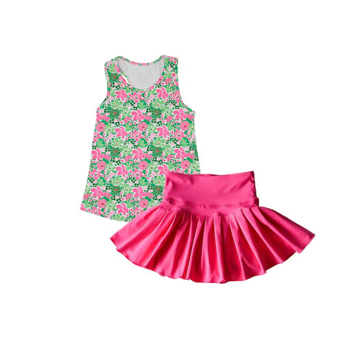 4.19 GSD2458 Baby Girls Sleeveless Green Pink Floral Top Yoga Skirt Set Preorder