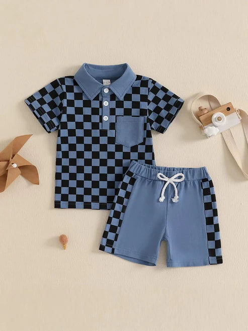 4.16 BSSO1472 Baby Boys Blue Plaid Button Pocket Top Short Set Preorder