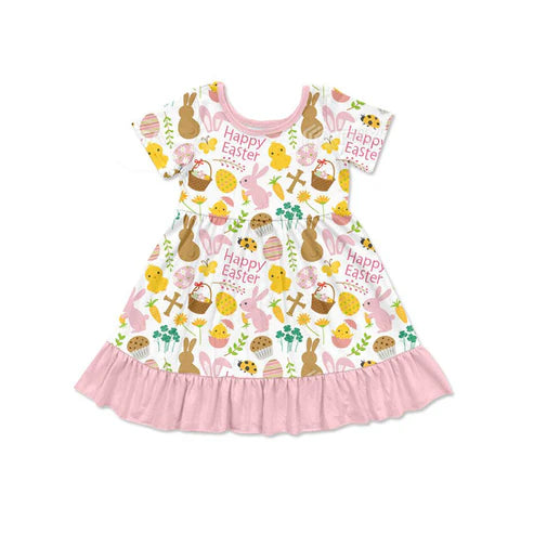 9.30 GSD2841 Baby Girls Flowers Rabbits Eggs Happy Easter Ruffle Knee Length Dresses Preorder
