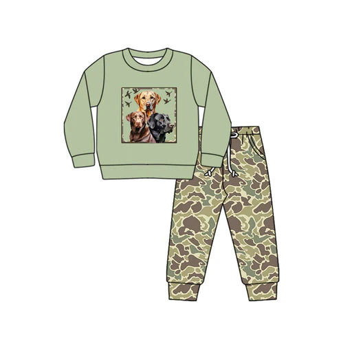 6.3 BLP0989 Baby Boys Green Dogs Shirt Camo Pants Clothes Sets Preorder