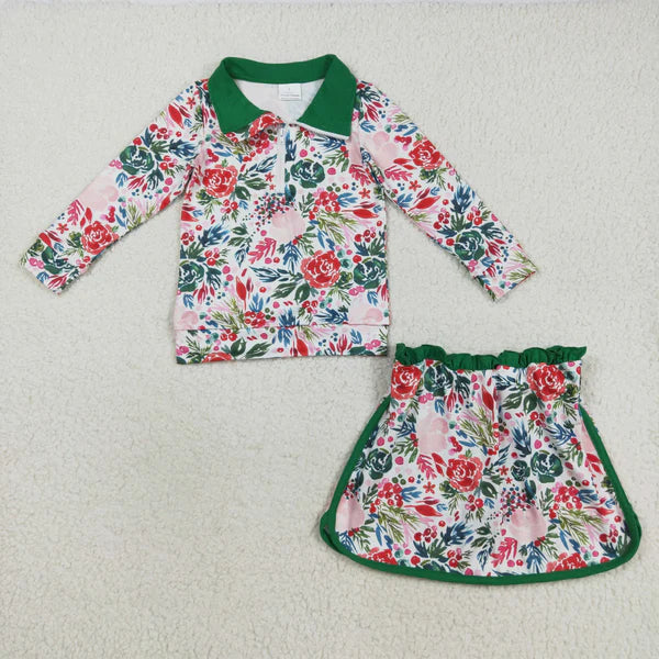 8.18 GLD1075 Baby Girls Long Sleeves Green Red Floral Zipper Top Skirts Set