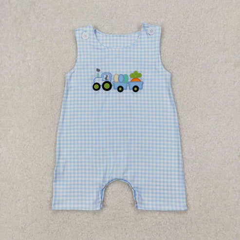 3.29 SR2402 Baby Infant Boys Blue Easter Carrots Trucks Sleeveless Romper