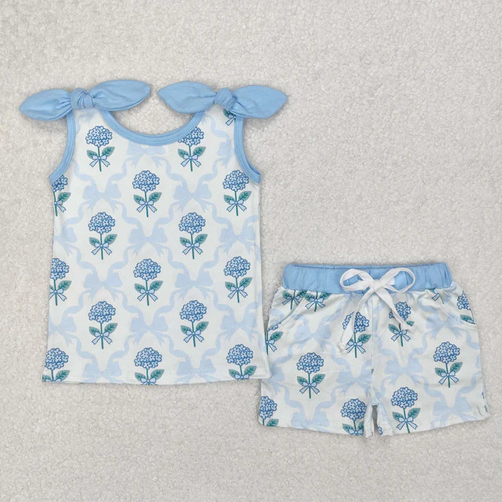3.14 GSSO2079 Baby Girls Blue Flowers Bows Top Shorts Clothes Set