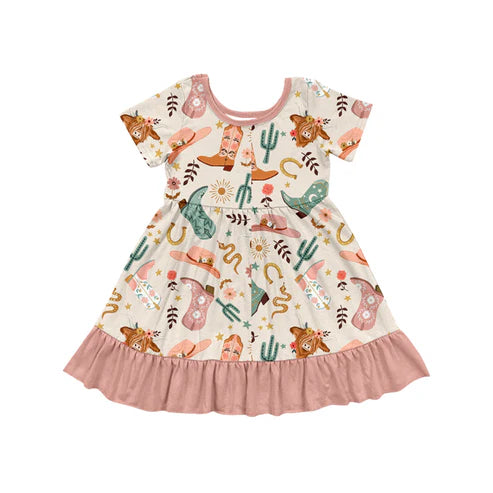 4.18 GSD2453 Baby Girls Peach Short Sleeves Highland Cows Boots Knee Length Dresses Preorder