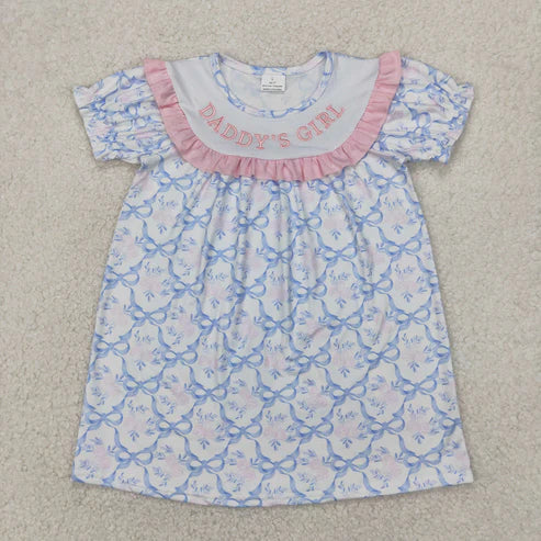 4.4  GSD2226 Embroidery Baby Girls Short Ruffle Sleeves Blue Bows DADDY'S GIRL Knee Length Dress