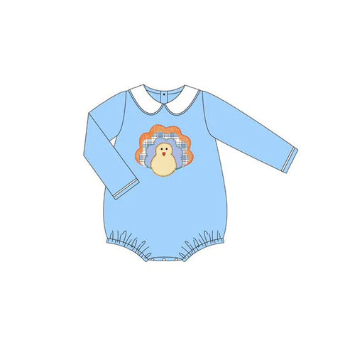 6.7 LR2261 Baby Boys Blue Long Sleeves Turkey Bummies Rompers Preorder