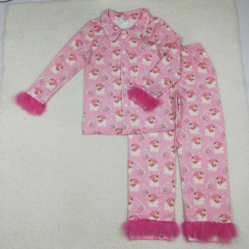 10.14 GLP2718 Adult Women Pink Santa Trees Button Top Pants Christmas Fur Pajamas Set