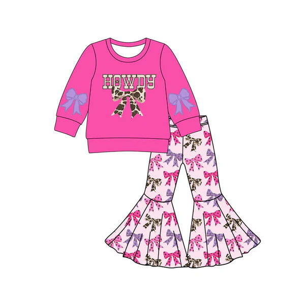 8.26 GLP2731 Baby Girls Howdy Bows Top Bell Bottom Pant Fall Pajamas Set Preorder
