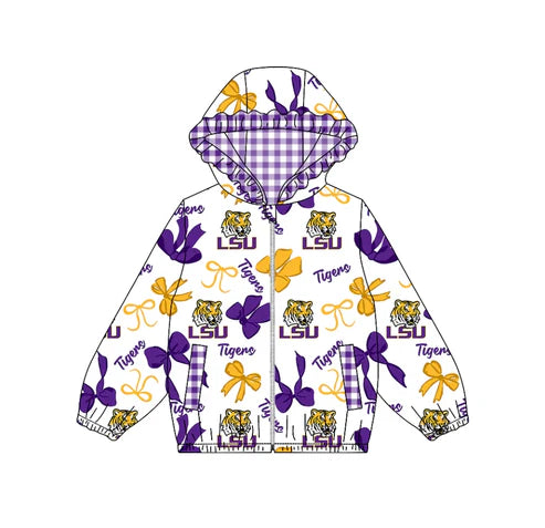 10.12 Custom Moq 8 Baby Girls LSU Team Zipper Bows Hoodies Tops