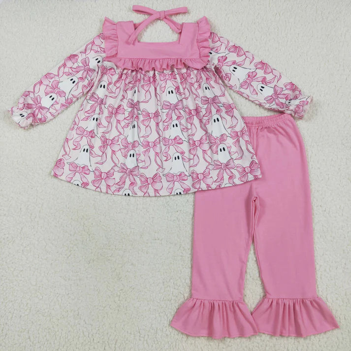8.15 GLP2362 Baby Girls Long Sleeves Pink Bows Ghosts Tunic Ruffle Pant Set