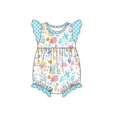 6.4 SR2024 Baby Infant Girls Easter Blue Rabbits Flutter Sleeve Rompers preorder