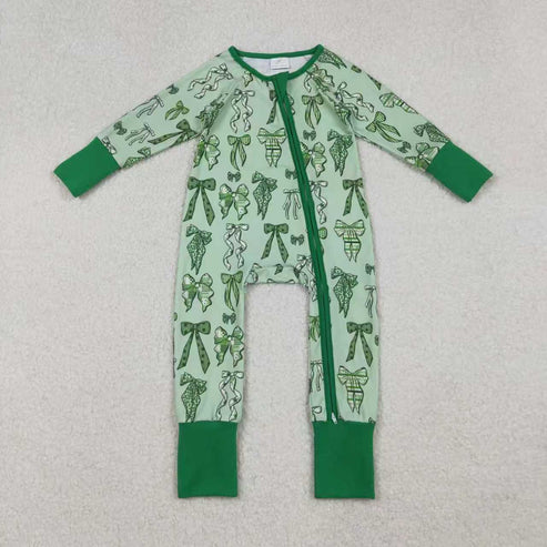 11.1 Sibling Baby Girls Green Clovers Bows Top Pants St Patrick Pajamas Sets Zipper Rompers