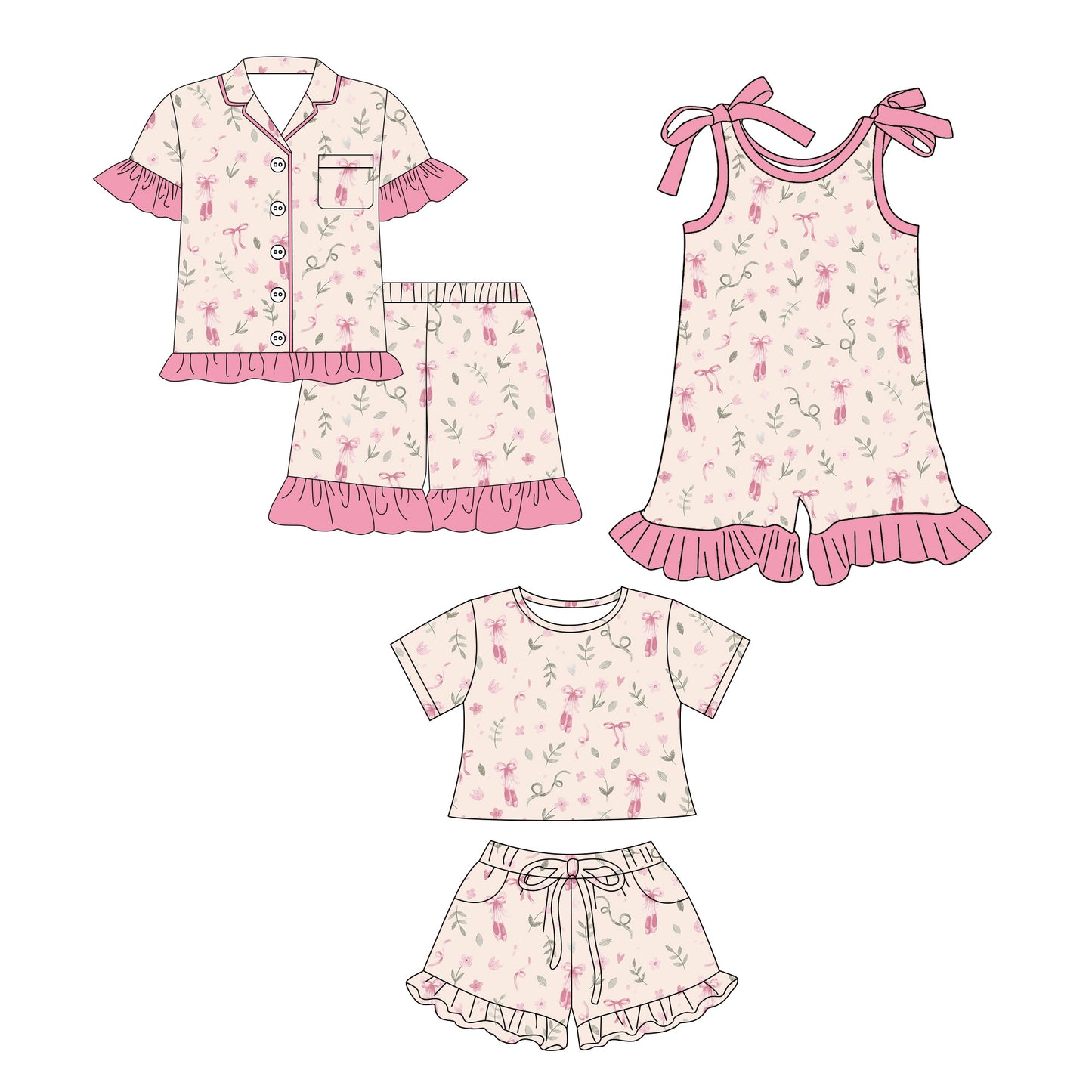 26.1.3 Custom MOQ:3 or 5 pcs each design milk silk Sibling baby girl clothes ballet shoes bow pink short sleeve shorts sets 2 and jumpsuit