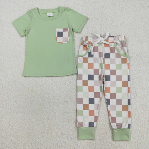 8.12 BSPO0576 Baby Boys Gray Short Sleeves Pocket Top Pockets Khaki Plaid Pant