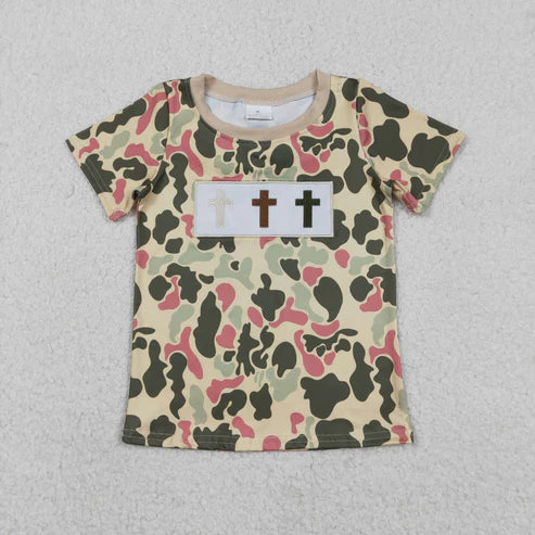 12.16 BT1395 Baby Boys Green Red Camo Crosses Short Sleeve Easter Tee Shirts Top
