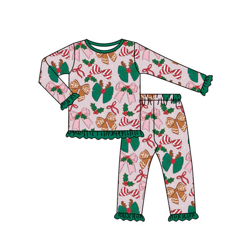6.27 GLP2526 Baby Girls Long Ruffle Sleeves Colorful Bows Top Pant Pajamas Set Preorder