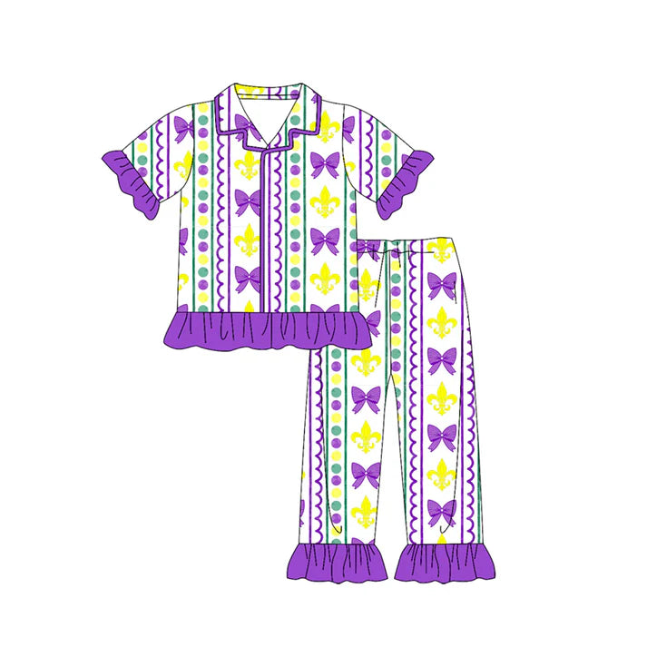 9.26 GSPO2085 Baby Girls Anchors Bows Strips Button Top Ruffle Pants Mardigras Pajamas Sets Preorder
