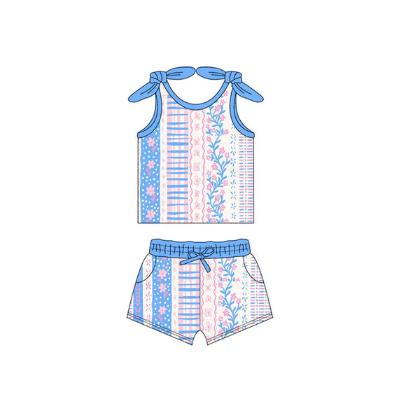 L-3.5 GSSO2139 Baby Girls Blue Flowers Bow Shirt Pockets Shorts Clothes Sets Preorder