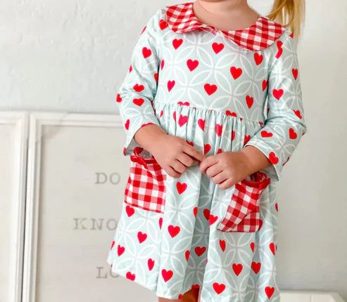 5.24 GLD0880 Baby Girls Valentines Hearts Pockets Knee Length Dresses Preorder
