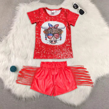 5.5 GT0114+SS0252 Baby Girls 4th of July Cow Tops Fringe Leather Shorts Outfit