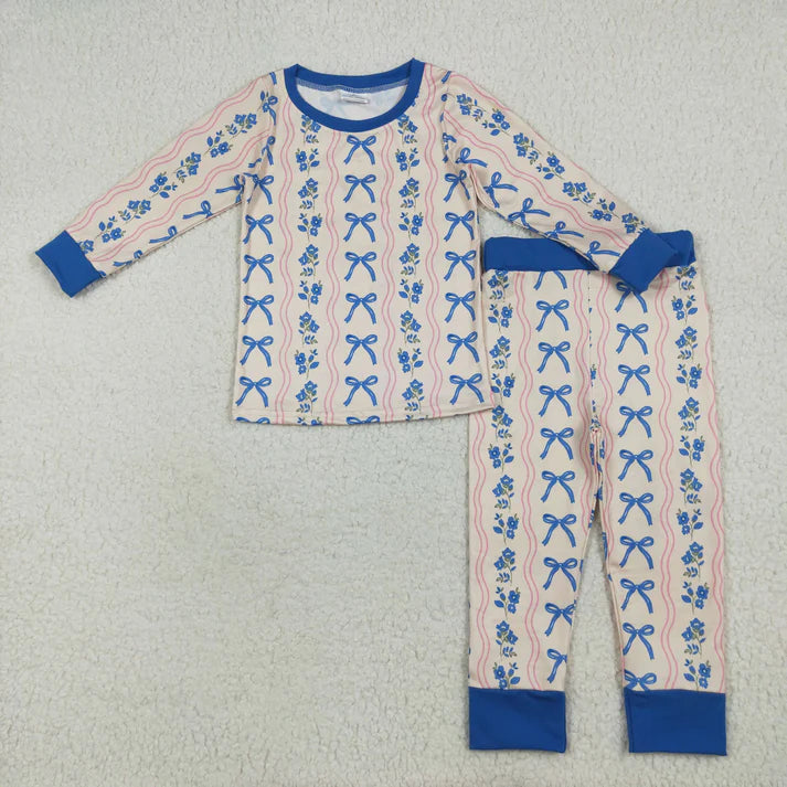 8.15 GLP2505 Baby Girls Long Sleeves Blue Bows Flower Stripe Top Pants Pajamas Set