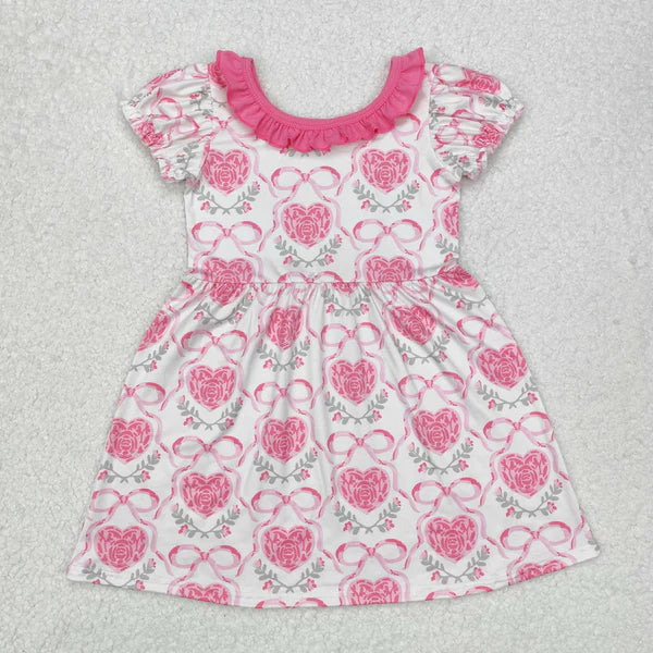 L-3.3 .GSD1512 Baby Girls Pink Rose Flowers Bows Knee Length Dress