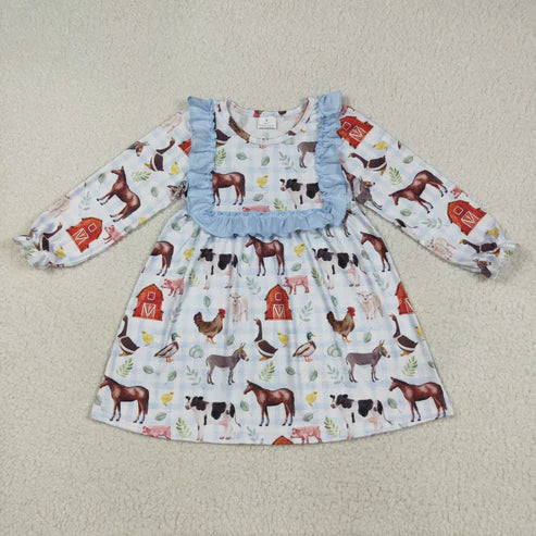 8.12 GLD1171 Baby Girls Long Ruffle Sleeves Houses Chicks Farm Knee Length Dress