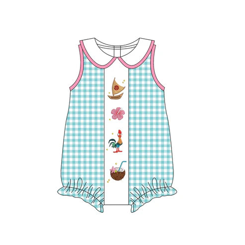 4.11 SR3034 Baby Girls Blue Plaid Sleeveless Floral Boats Ruffle Rompers Preorder