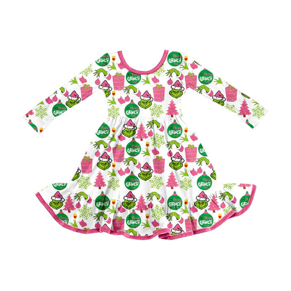 8.26 GLD1277 Baby Girls Green Face Gifts Christmas Ruffle Knee Length Dresses Preorder