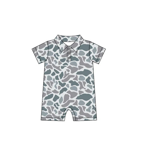 3.28 SR2973 Baby Infant Boys Short Sleeves Gray Camo Button Rompers Preorder