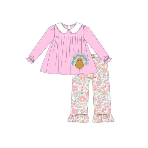 6.7 GLP2409 Baby Girls Pink Long Sleeves Turkey Tunic Floral Ruffle Pant Set Preorder