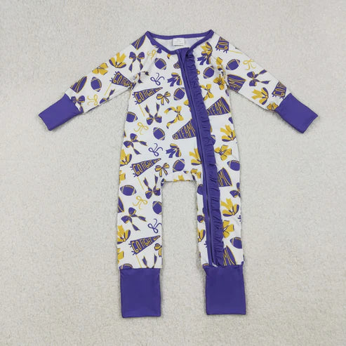 10.31 Sibling Baby Girls Purple Bows Footballs Go Team Ruffle Zipper Romper Knee Length Dresses