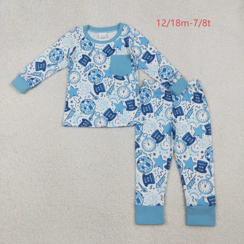 10.20 BLP1259 Baby Boys Light Blue Pocket Happy New Year Top Pant Pajamas Set