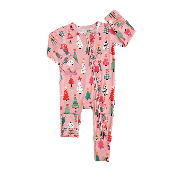 5.29 LR1968 Baby Infant Girls Pink Christmas Trees Zip Rompers preorder