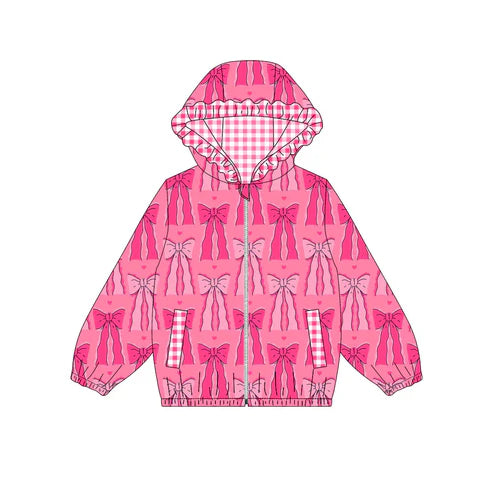 10.10 Custom Moq 5 Baby Girls Hot Pink Bows Pockets Zipper Valentine Ruffle Hoodies Top