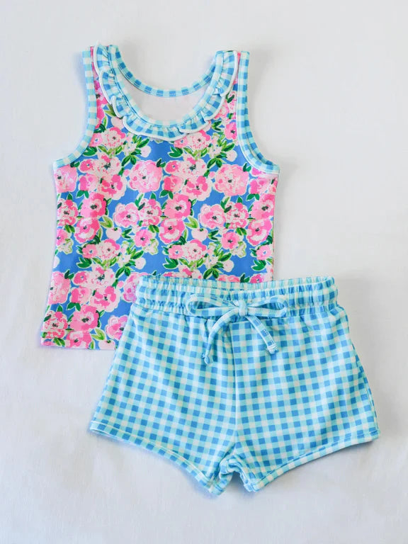 3.27 GSSO2414 Baby Girls Blue Plaid Sleeveless Floral Top Short Set Preorder
